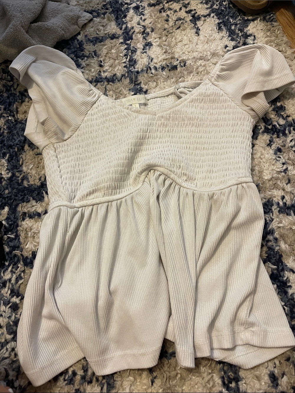 Ultra Flirt Light Beige Ribbed Short-Sleeve Smocked Top